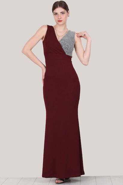 Kadın Pullu Balık Model Abiye  Bordo