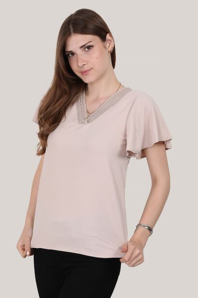 Kadın V Yaka Kısa Kol Bluz 