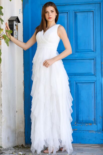 Kadın Tül Uzun Abiye  Ekru 4