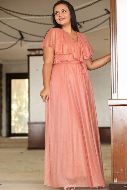 Büyük Beden Kruvaze Yaka Uzun Abiye Somon 4