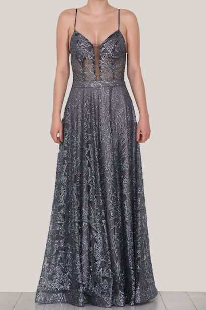 Kadın Pullu Uzun Abiye Elbise Gri 6