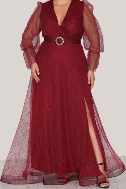 Büyük Beden Uzun Abiye Elbise  Bordo 6