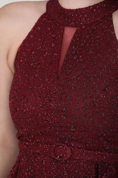 Kadın Kısa Simli Abiye Elbise Bordo 6