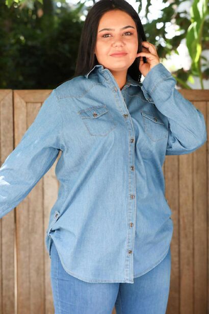 Büyük Beden Kol Katlamalı Kot Gömlek  Kot 4