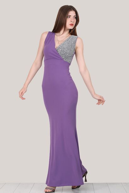 Kadın Pullu Balık Model Abiye  Lila