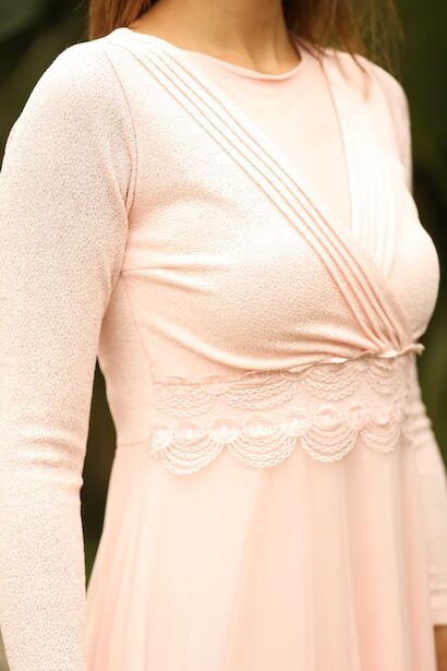 Tüllü Simli Kadın Uzun Abiye Pudra 4