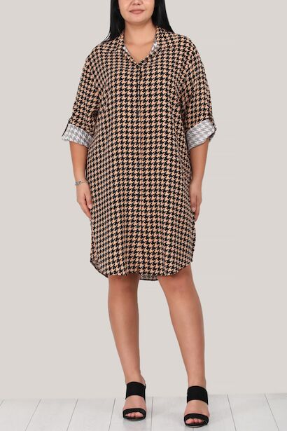 Büyük Beden Kısa Gömlek Elbise Bej 