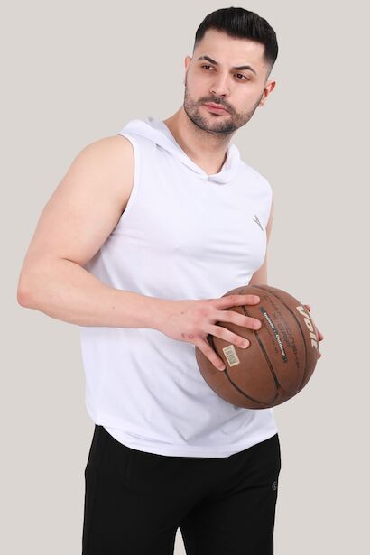 Erkek Kapşonlu Kolsuz T-shirt  Beyaz