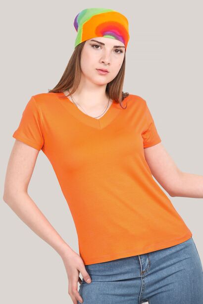 Kadın V Yaka T-shirt  Turuncu
