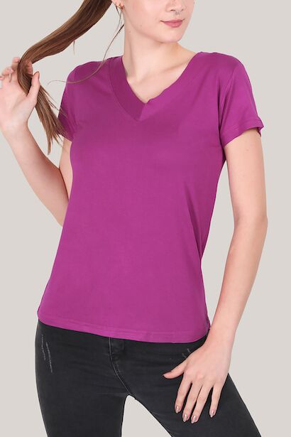 Kadın V Yaka T-shirt  Mürdüm