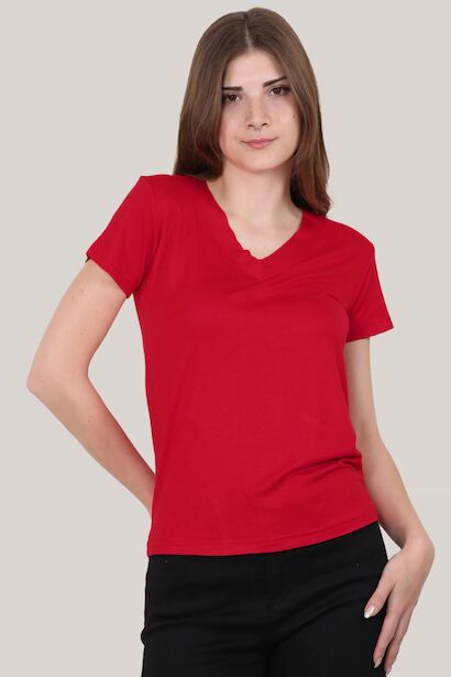 Kadın V Yaka T-shirt  Kırmızı