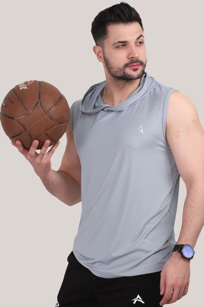 Erkek Kapşonlu Kolsuz T-shirt  Gri