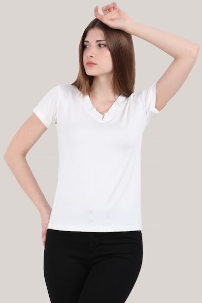 Kadın V Yaka T-shirt  Ekru