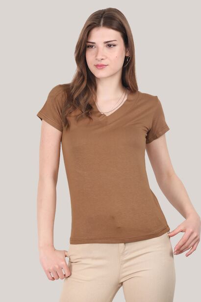 Kadın V Yaka T-shirt  Vizon